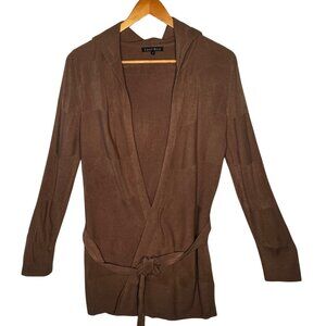 Carol Rose Womens M Brown Hooded Open Front Cardigan Sweater Tie Belt Warm Cozy